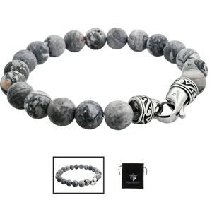 Men’s Genuine 10mm Gray Jasper Stainless Steel Beaded Bracelet BLACKJACK